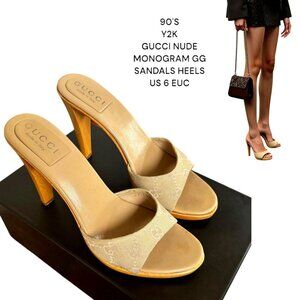 90'S Y2K AUTHENTIC GUCCI NUDE LOGO MONOGRAM SANDALS SLIDES HEELS US 6 EUC